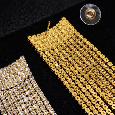 Серьги длинные женские вечерние со стразами, цвет: золотистый и прозрачный, арт.012.044