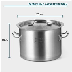 Кастрюля Hanna Knövell с крышкой, 10 л, d=25 см, h=18 см, толщина стенки 0.8 мм, дно ТРС, толщина дна 4.4 мм, 201 сталь, индукция, нержавеющая сталь