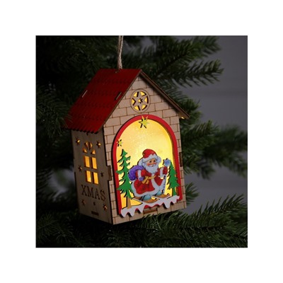 Ёлочная игрушка «Домик с Дедом Морозом», 14.5×11×8.5 см, 1 LED, от батареек, свечение тёплое белое