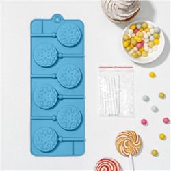 Форма для леденцов новогодняя Доляна «Морозко», силикон, 24×9.5×1.5 см, 6 ячеек (4×4 см), с палочками, голубая