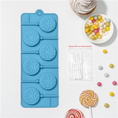 Форма для леденцов новогодняя Доляна «Морозко», силикон, 24×9.5×1.5 см, 6 ячеек (4×4 см), с палочками, голубая