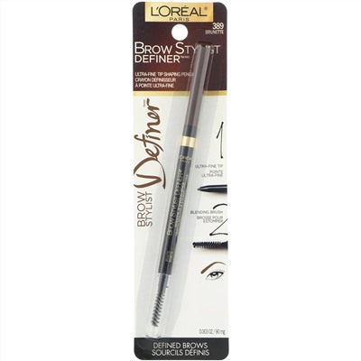 L'Oreal, Карандаш для бровей Brow Stylist Definer, сверхтонкий наконечник, оттенок 389 «Брюнет», 90 мг
