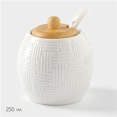 Набор фарфоровый сервировочный BellaTenero, 4 предмета: молочник 250 мл, сахарница с крышкой 250 мл, ложка, бамбуковая подставка, белая