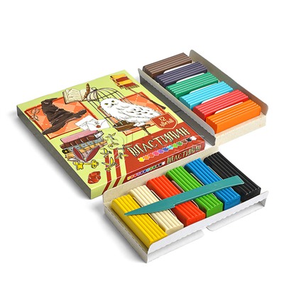 Пластилин 12 цветов "Школа Магии" 240 гр, стека пластиковая, картонная упаковка