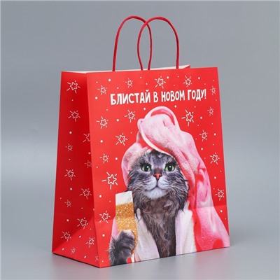 Пакет подарочный новогодний крафтовый «Блистай», 28×32×15 см