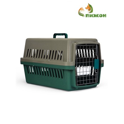 Переноска для животных, 59×36×35 см, с сеткой и чашей, пластик, серая, зелёная