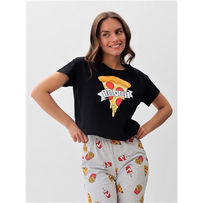 Пижама женская (футболка, брюки) KAFTAN Pizza, размер 44-46, чёрная