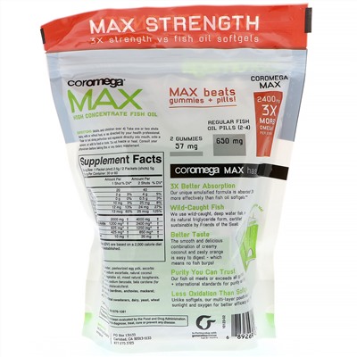 Coromega, Max, High Concentrate Omega-3 Fish Oil, Coconut Bliss, 60 Squeeze Shots, 2.5 g Each