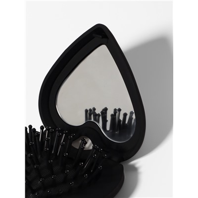 Расчёска массажная «Сердце», складная, с зеркалом, 8×2.5 см, матовая, чёрная