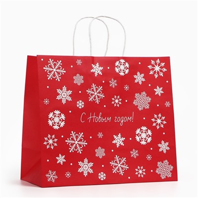 Пакет подарочный новогодний «Снежинки», белый крафт, 32×28×15 см