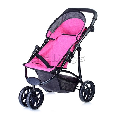 Коляска для кукол, 3-колесная, металлическая, прогулочная, с тентом, с корзиной, цвет ярко-розовый, в пакете