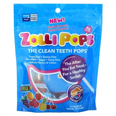 Zollipops, The Clean Teeth Pops, Delicious Fruit Flavors , Approx. 13 - 15 Pops, 3.1 oz