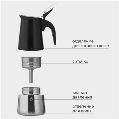 Кофеварка гейзерная Magistro Classic black, на 4 чашки, 200 мл, индукция, нержавеющая сталь, чёрная