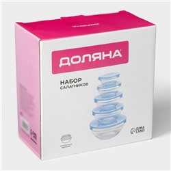 Салатники Доляна «Классика» с крышками, набор 5 шт.: 900/500/350/200/130 мл, стекло, голубые