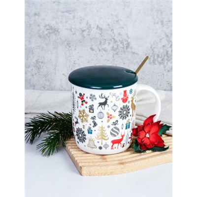 Кружка новогодняя с крышкой, ложка /400 мл/ HB-258 /уп 60/