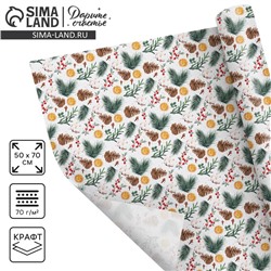 Бумага упаковочная новогодняя крафтовая «Шишки и хлопок», 50×70 см