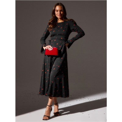 Платье с завязками на талии миди женское MINAKU Flower, размер 44, чёрное, красное