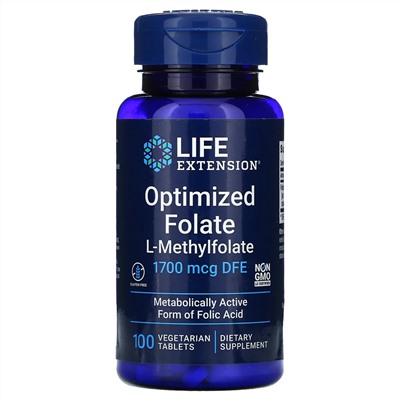 Life Extension, оптимизированный фолат, 1700 мкг DFE, 100 вегетарианских таблеток