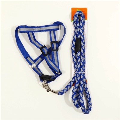 Шлейка с поводком «Плетенка», ОГ 32-48×1.5 с, поводок 115×1 см, флуоресцентная, синяя