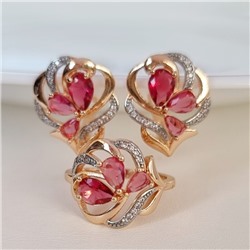 Комплект ювелирная бижутерия коллекция  "Дубай" серьги и кольцо 18 р, покрытие: позолота, вставка: фианиты, цвет: розовый, арт.217.285-18
