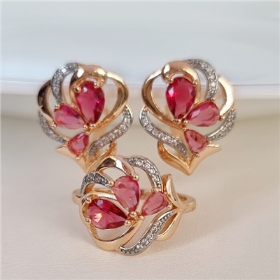 Комплект ювелирная бижутерия коллекция  "Дубай" серьги и кольцо 18 р, покрытие: позолота, вставка: фианиты, цвет: розовый, арт.217.285-18