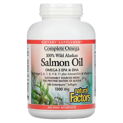 Natural Factors, 100% Wild Alaskan Salmon Oil, 1300 mg , 180 Enteripure Softgels