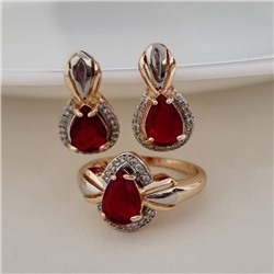 Комплект ювелирной бижутерии коллекция "Дубай" серьги и кольцо 19 р, покрытие позолота, вставка: фианиты, цвет: красный и прозрачный, арт.215.525-19