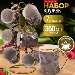 12085 Набор кружек 6 шт 350 мл на подставке 7пр фарфор/металл LR (х6)