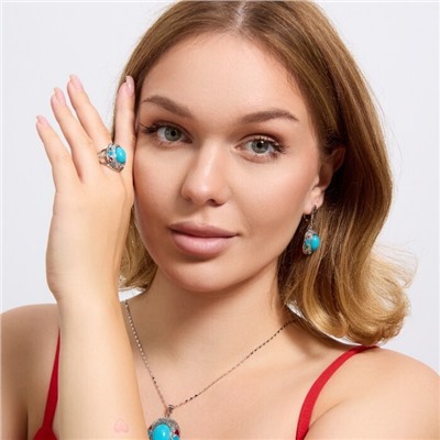 Крупный комплект ювелирной бижутерии серьги, кулон и кольцо 19 р, покрытие посеребрение, вставка: искусственный камень и эмаль, цвет: бирюзовый, арт.314.926-19
