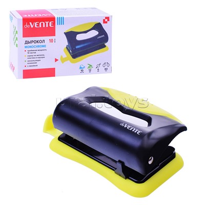 Дырокол "MonoChrome" (10 листов) пластиковый с каучуковой вставкой, с линейкой, в картонной коробке, черный с неоновым желтым