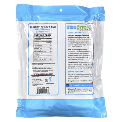 SeaSnax, "Classic" Olive, Roasted Seaweed Snack, Four Pack, 5 sheets (.54 oz) Each