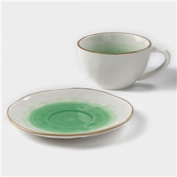Чайная пара Доляна «Космос», чашка 250 мл, блюдце d=16 см, фарфор, белая, зелёная