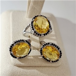 Комплект ювелирной бижутерии коллекция "Дубай" серьги и кольцо 19 р покрытие посеребрение, вставка: стекло и цирконы, цвет: желтый и черный, арт.215.610-19