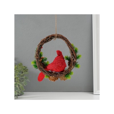 Фигурка подвеска «Красная птичка на венке с шишками», 7.5×20×20.5 см