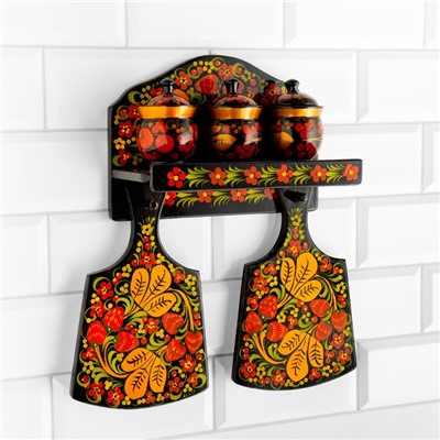 Набор кухонных принадлежностей «Земляничка», 6 предметов: 2 доски, 3 банки, подставка, дерево, хохлома