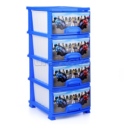 Комод "Декор" "Мотокросс" 4 секции темно-голубой / белый