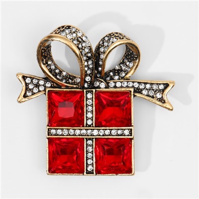 Брошь «Подарок» с бантиком, цвет красно-белый в чернёном золоте