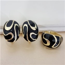 Комплект ювелирной бижутерии Итальянское золото (покрытие желтое 14к), серьги и кольцо 19 р, вставка: цветная эмаль, цвет: черный, арт.216.465-19