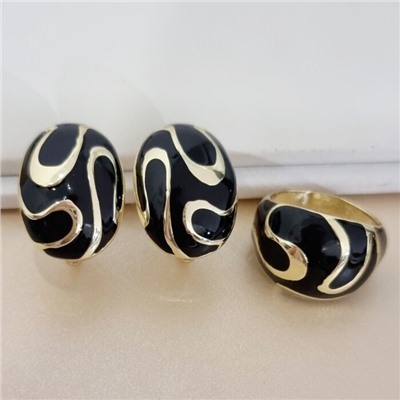 Комплект ювелирной бижутерии Итальянское золото (покрытие желтое 14к), серьги и кольцо 20 р, вставка: цветная эмаль, цвет: черный, арт.216.465-20