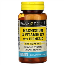 Mason Natural, магний и витамин D3 с куркумой, 60 таблеток