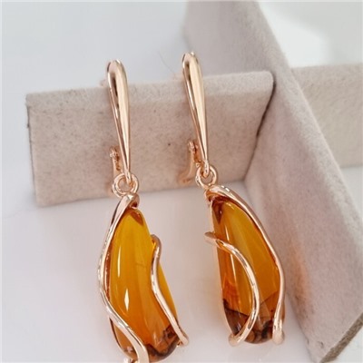 Серьги подвески ювелирная бижутерия коллекция "Дубай" покрытие позолота, вставка: искусственный янтарь, арт.314.788