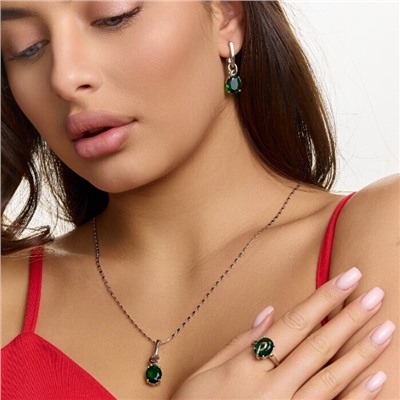 Комплект ювелирной бижутерии коллекция "Дубай" серьги, кулон и кольцо 19 р, покрытие посеребрение, вставка: стекло, цвет: зеленый, арт.313.445-19