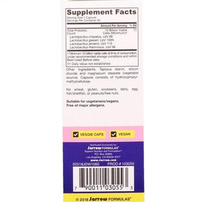 Jarrow Formulas, Jarro-Dophilus, вагинальный пробиотик, для женщин, 10 млрд, 60 растительных капсул