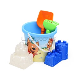 Песочный набор "Три кота и море приключений" №6: Ведро с наклейкой, лопатка №5, грабельки №5, формочки (замок мост + замок квадратный)