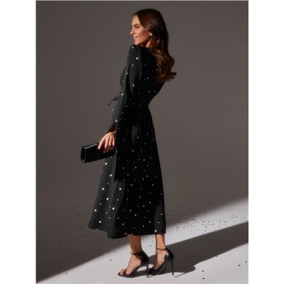 Платье с завязками на талии миди женское MINAKU Flower, размер 42, чёрное, белое