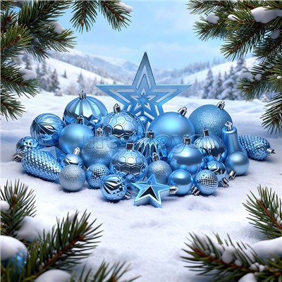 Набор новогодних украшений "Синий иней" (45шт х 4, 6, 8 см)