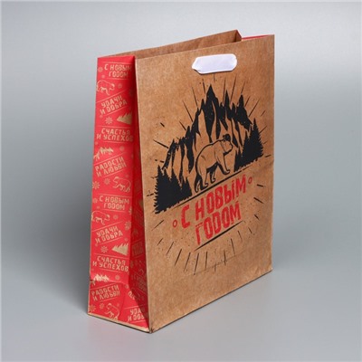 Пакет подарочный новогодний крафтовый «С Новым годом», M 26×30×9 см