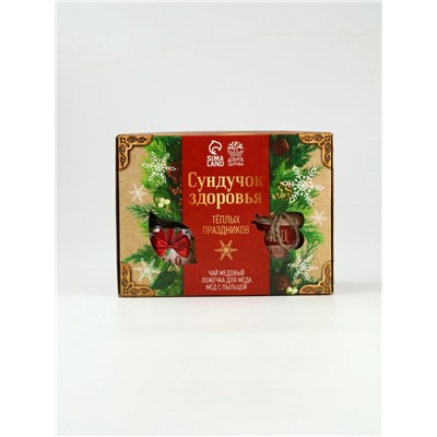 Подарочный набор новогодний «Тёплых праздников», мёд с пыльцой 250 г, чай 50 г, ложка