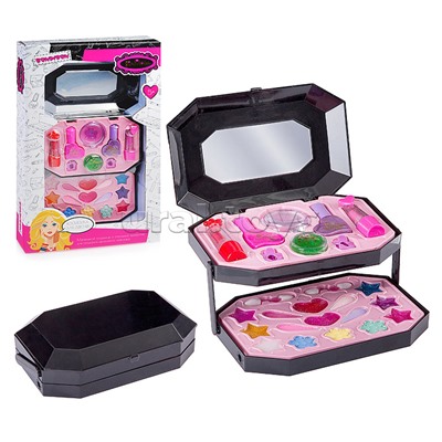 Набор детской декор. косметики Bondibon Eva Moda, BOX 37,5*23*4,5 см; косметичка, 2х-уровневая, раскладная с зеркальцем: блеск для губ 10 оттенков (7г), тени для век 7 оттенков (4,7г), лак для ногтей 2 оттенка (15,6г), помада 2 оттенка (2,4г), 2 заколки,