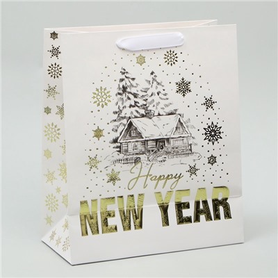 Пакет подарочный новогодний ламинированный, конгревное тиснение «Новогодний домик», ML 23×27×11.5 см